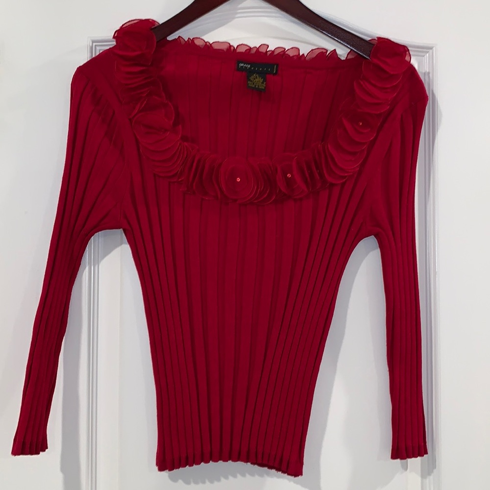 Red blouse with beautiful neckline!